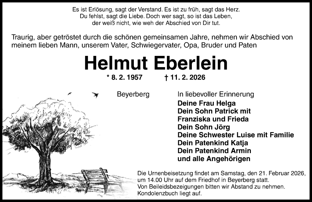  Traueranzeige für Helmut Eberlein vom 17.02.2026 aus Dinkelsbühl/ Feuchtwangen