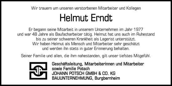Traueranzeige von Helmut Erndt von Neustadt/ Scheinfeld/ Uffenheim