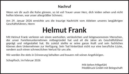 Traueranzeige von Helmut Frank von Dinkelsbühl/ Feuchtwangen