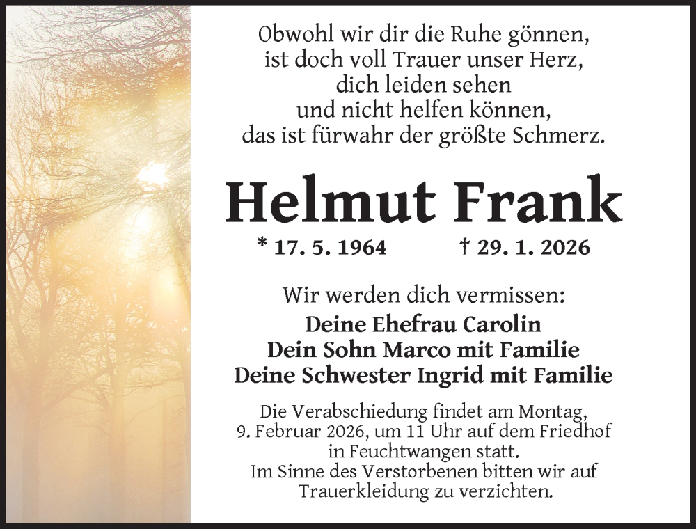  Traueranzeige für Helmut Frank vom 07.02.2026 aus Dinkelsbühl/ Feuchtwangen