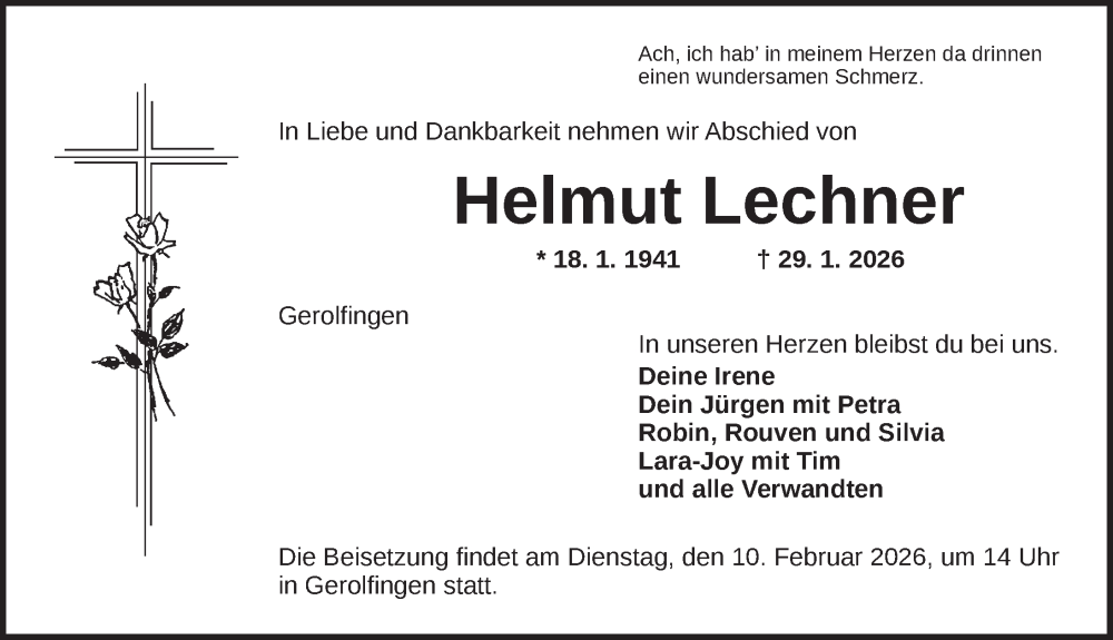  Traueranzeige für Helmut Lechner vom 07.02.2026 aus Dinkelsbühl/ Feuchtwangen