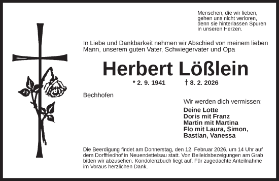 Traueranzeige von Herbert Lößlein von Ansbach