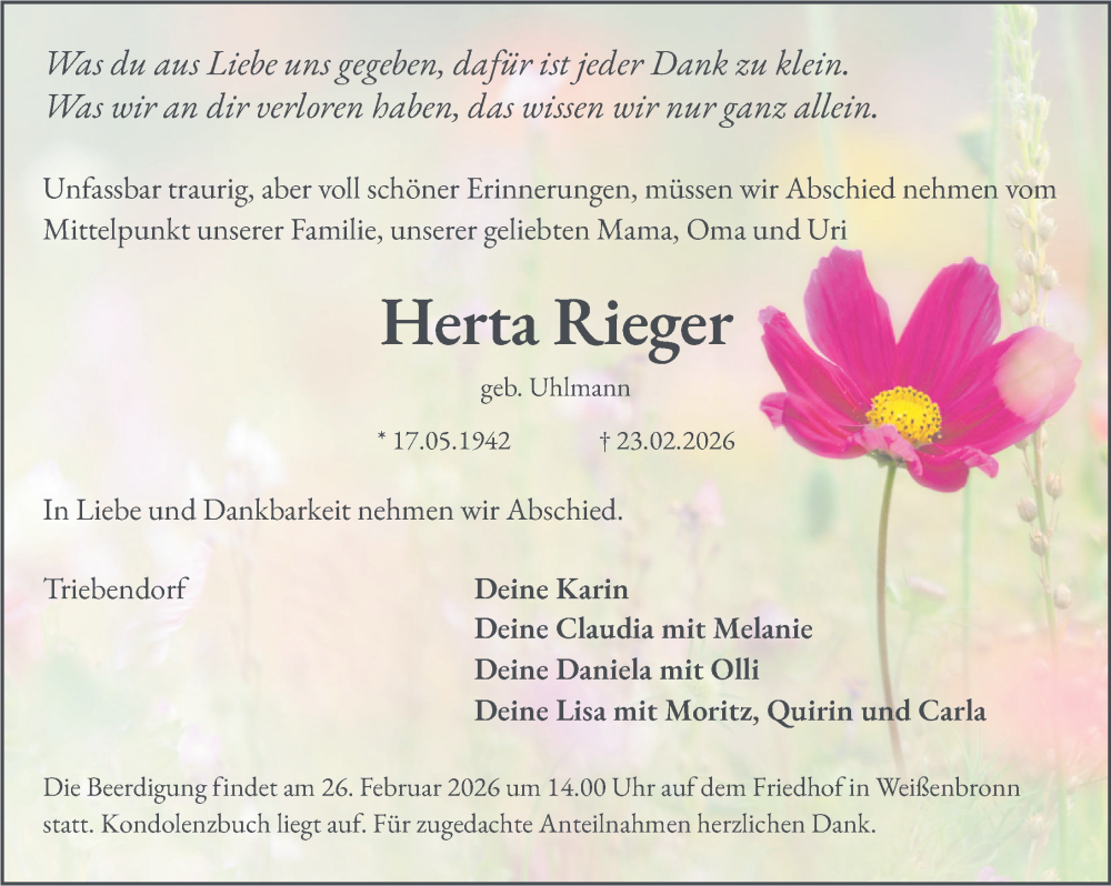  Traueranzeige für Herta Rieger vom 25.02.2026 aus Ansbach
