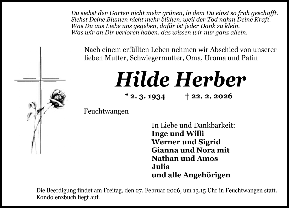  Traueranzeige für Hilde Herber vom 25.02.2026 aus Dinkelsbühl/ Feuchtwangen