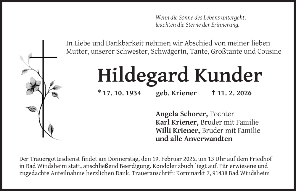  Traueranzeige für Hildegard Kunder vom 17.02.2026 aus Neustadt/ Scheinfeld/ Uffenheim