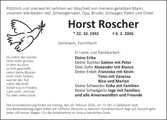 Traueranzeige von Horst Roscher von Dinkelsbühl/ Feuchtwangen