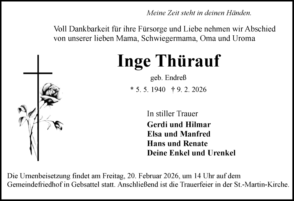  Traueranzeige für Inge Thürauf vom 17.02.2026 aus Rothenburg