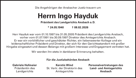 Traueranzeige von Ingo Hayduk von Ansbach