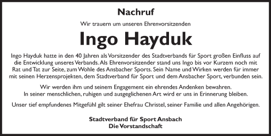 Traueranzeige von Ingo Hayduk von Ansbach