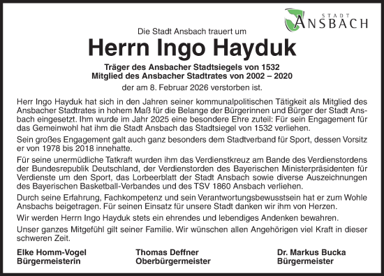 Traueranzeige von Ingo Hayduk von Ansbach