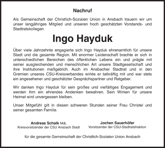 Traueranzeige von Ingo Hayduk von Ansbach