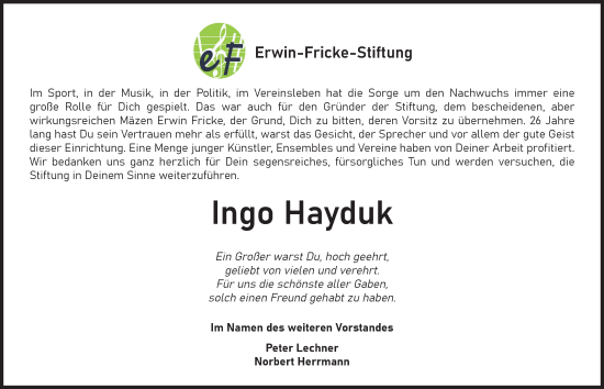 Traueranzeige von Ingo Hayduk von Ansbach