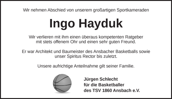 Traueranzeige von Ingo Hayduk von Ansbach