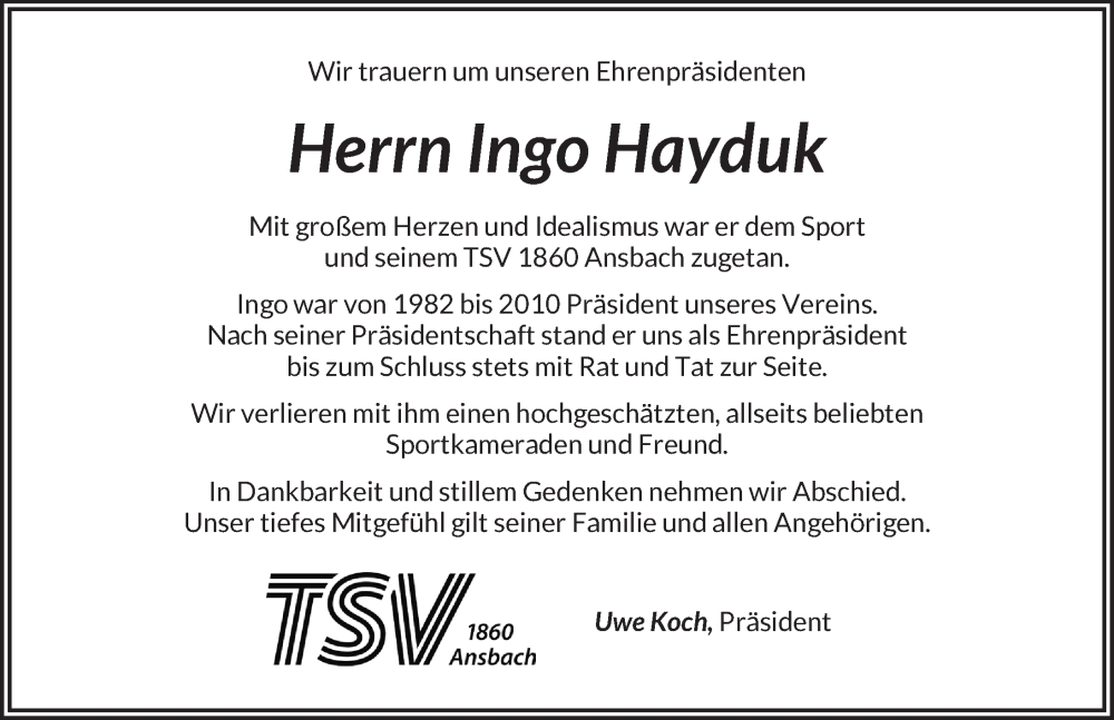  Traueranzeige für Ingo Hayduk vom 12.02.2026 aus Ansbach