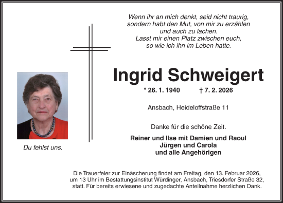 Traueranzeige von Ingrid Schweigert von Ansbach