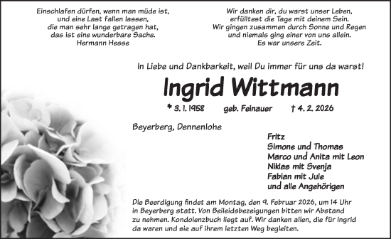 Traueranzeige von Ingrid Wittmann von Ansbach