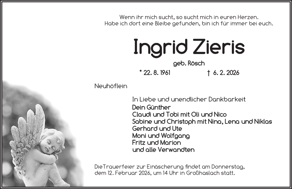  Traueranzeige für Ingrid Zieris vom 10.02.2026 aus Ansbach