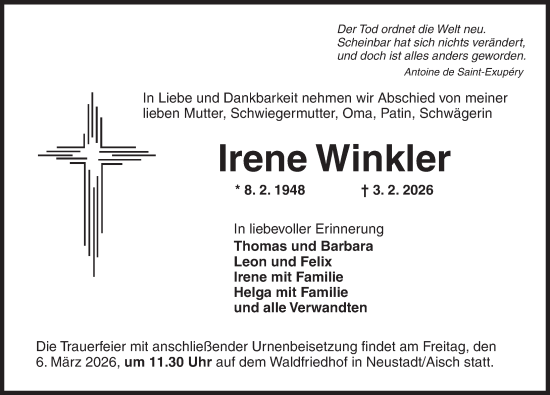 Traueranzeige von Irene Winkler von Neustadt/ Scheinfeld/ Uffenheim