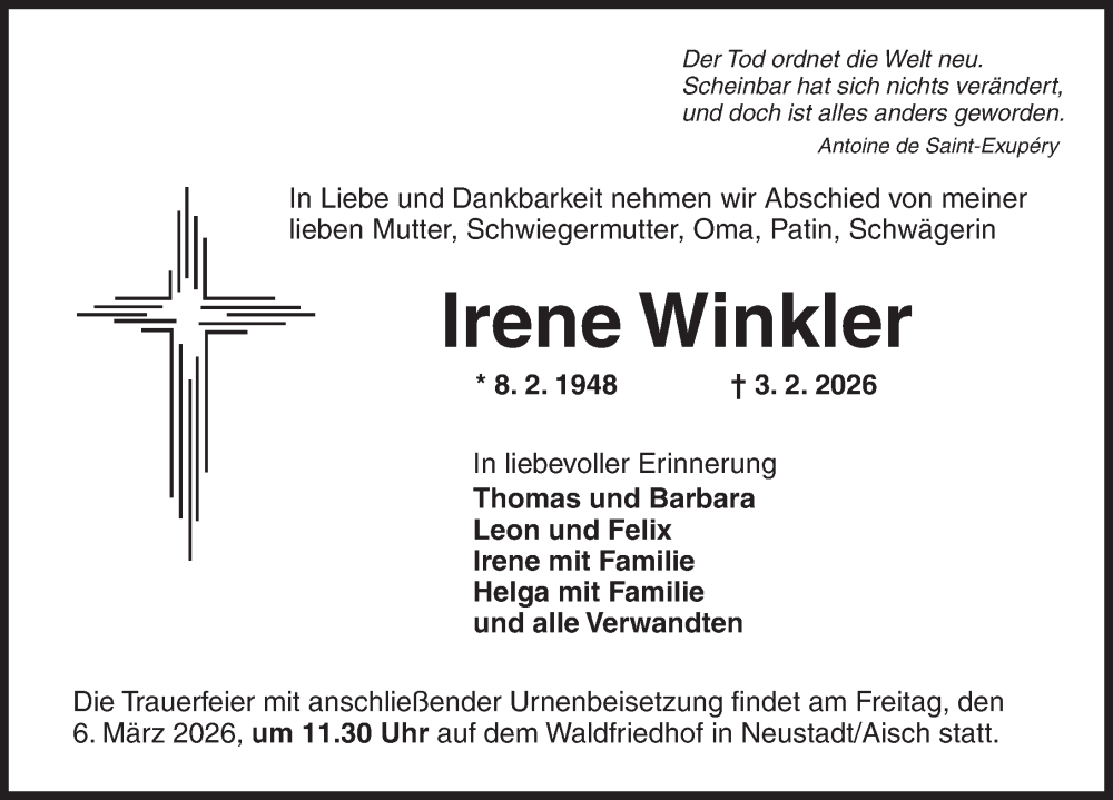  Traueranzeige für Irene Winkler vom 28.02.2026 aus Neustadt/ Scheinfeld/ Uffenheim