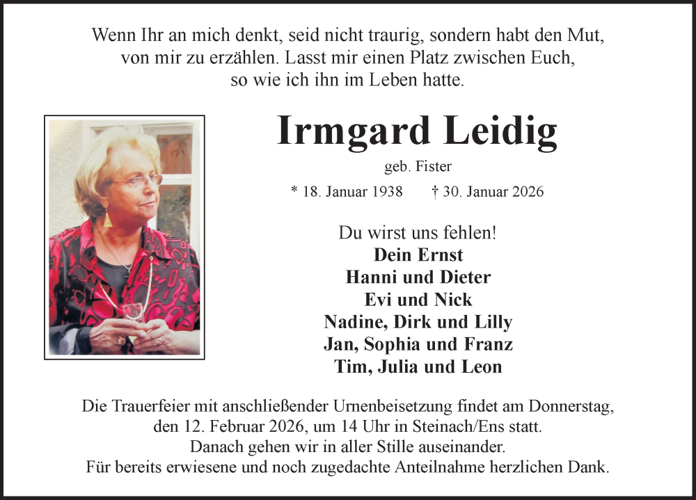  Traueranzeige für Irmgard Leidig vom 09.02.2026 aus Neustadt/ Scheinfeld/ Uffenheim