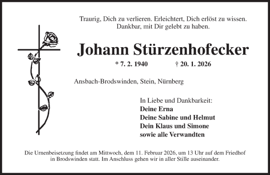 Traueranzeige von Johann Stürzenhofecker von Ansbach