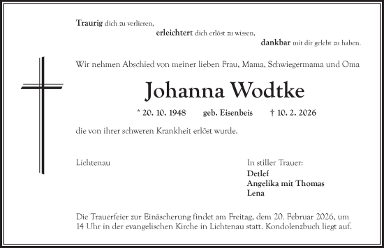 Traueranzeige von Johanna Wodtke von Ansbach