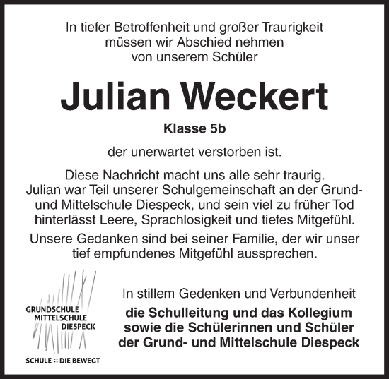 Traueranzeige von Julian Weckert von Neustadt/ Scheinfeld/ Uffenheim