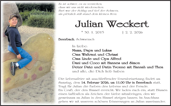 Traueranzeige von Julian Weckert von Neustadt/ Scheinfeld/ Uffenheim
