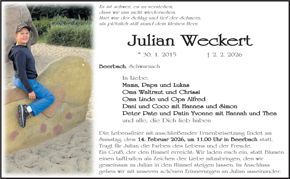  Traueranzeige für Julian Weckert vom 07.02.2026 aus Neustadt/ Scheinfeld/ Uffenheim