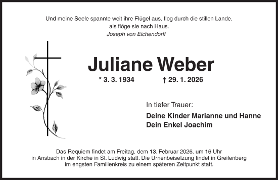 Traueranzeige von Juliane Weber von Ansbach