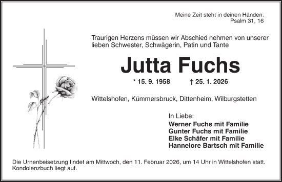 Traueranzeige von Jutta Fuchs von Dinkelsbühl/ Feuchtwangen