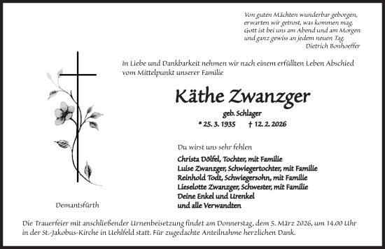 Traueranzeige von Käthe Zwanzger von Neustadt/ Scheinfeld/ Uffenheim