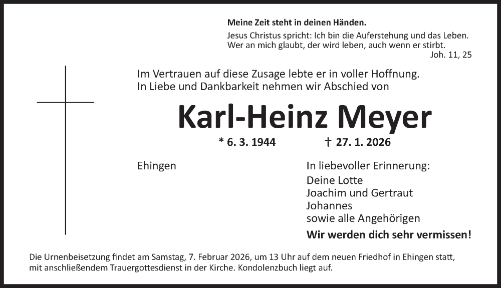  Traueranzeige für Karl-Heinz Meyer vom 04.02.2026 aus Dinkelsbühl/ Feuchtwangen