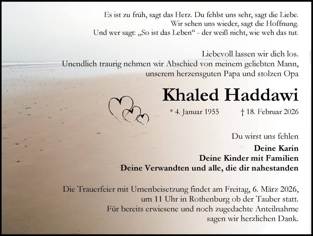  Traueranzeige für Khaled Haddawi vom 28.02.2026 aus Rothenburg