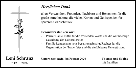 Traueranzeige von Leni Schranz von Neustadt/ Scheinfeld/ Uffenheim