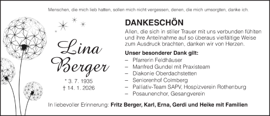 Traueranzeige von Lina Berger von GE