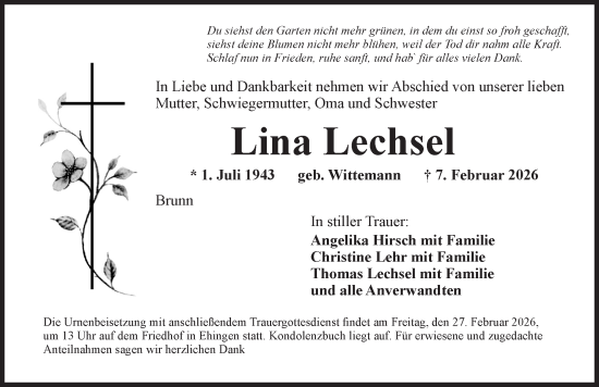 Traueranzeige von Lina Lechsel von Dinkelsbühl/ Feuchtwangen