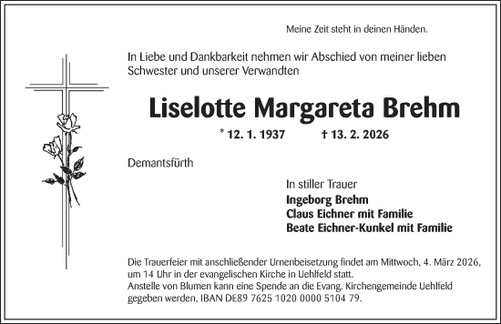 Traueranzeige von Liselotte Margareta Brehm von Neustadt/ Scheinfeld/ Uffenheim