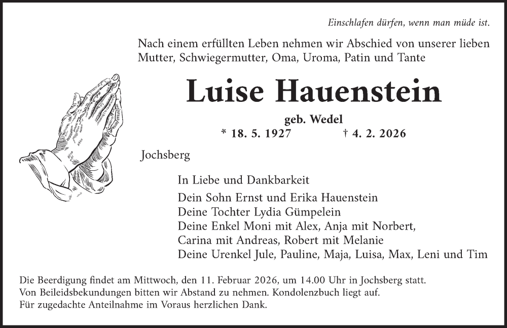  Traueranzeige für Luise Hauenstein vom 07.02.2026 aus Ansbach