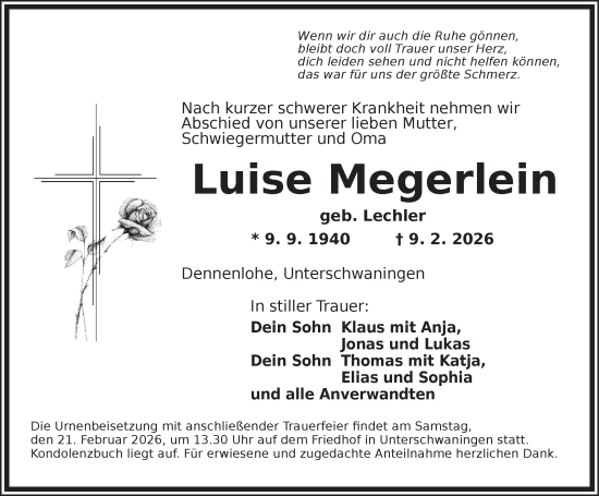 Traueranzeige von Luise Megerlein von Dinkelsbühl/ Feuchtwangen