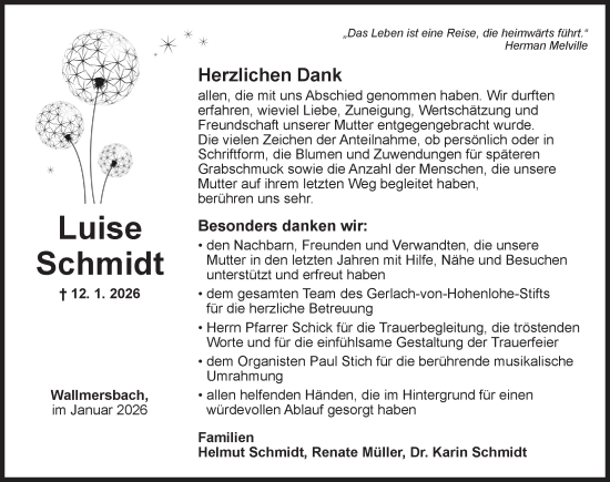 Traueranzeige von Luise Schmidt von Neustadt/ Scheinfeld/ Uffenheim