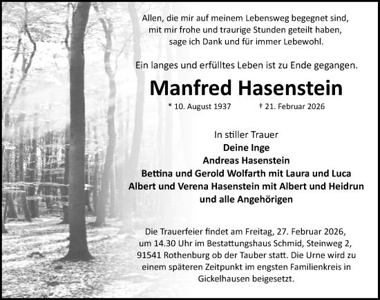 Traueranzeige von Manfred Hasenstein von Rothenburg