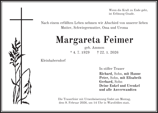 Traueranzeige von Margareta Feimer von Ansbach
