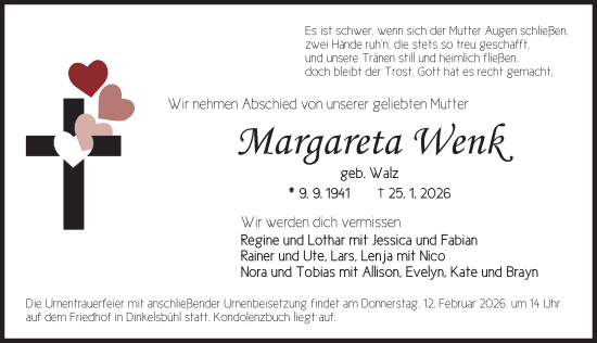 Traueranzeige von Margareta Wenk von Dinkelsbühl/ Feuchtwangen