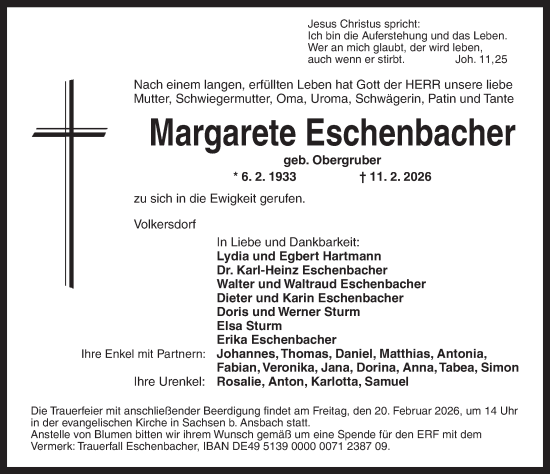 Traueranzeige von Margarete Eschenbacher von Ansbach