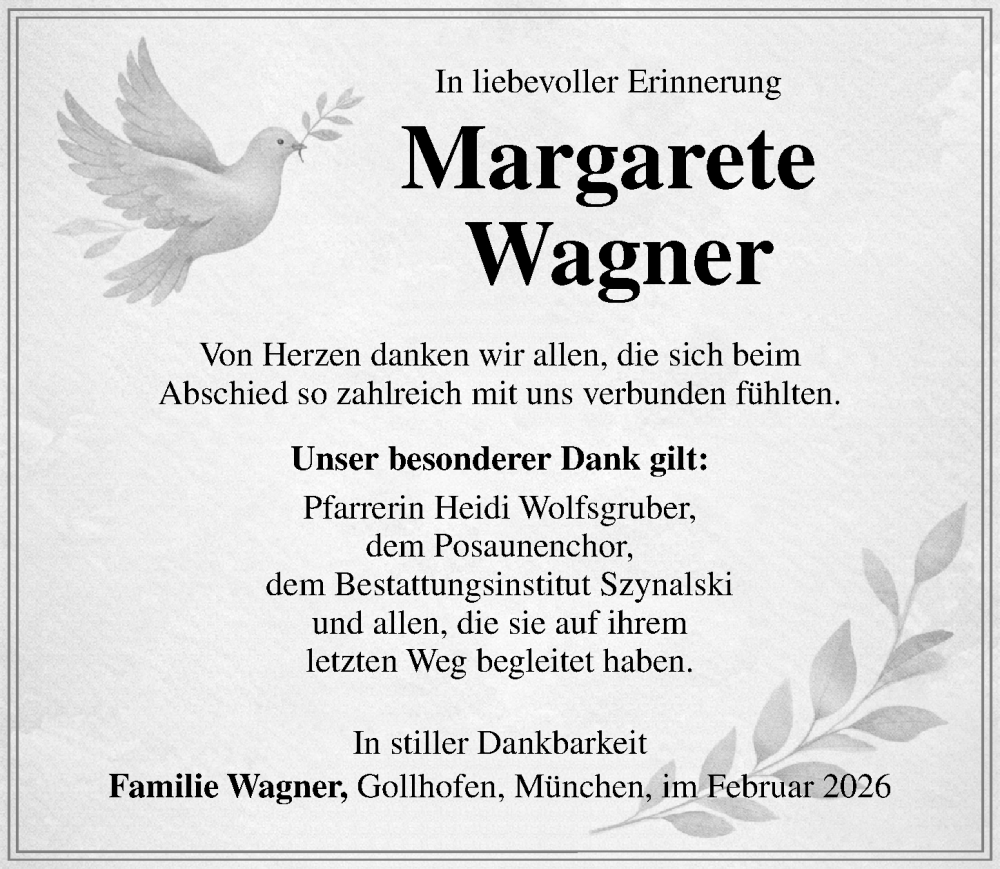  Traueranzeige für Margarete Wagner vom 18.02.2026 aus Neustadt/ Scheinfeld/ Uffenheim