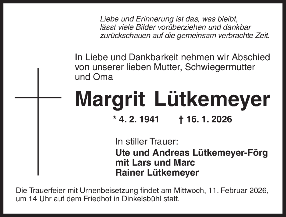  Traueranzeige für Margrit Lütkemeyer vom 07.02.2026 aus Dinkelsbühl/ Feuchtwangen