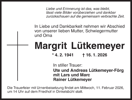 Traueranzeige von Margrit Lütkemeyer von Dinkelsbühl/ Feuchtwangen