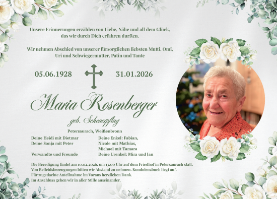 Traueranzeige von Maria Rosenberger von Ansbach