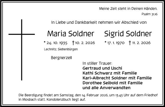 Traueranzeige von Maria Soldner von Dinkelsbühl/ Feuchtwangen
